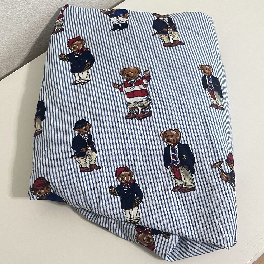 Ralph Lauren Full Fitted Sheet Polo Bears Blue Striped Cotton USA Made